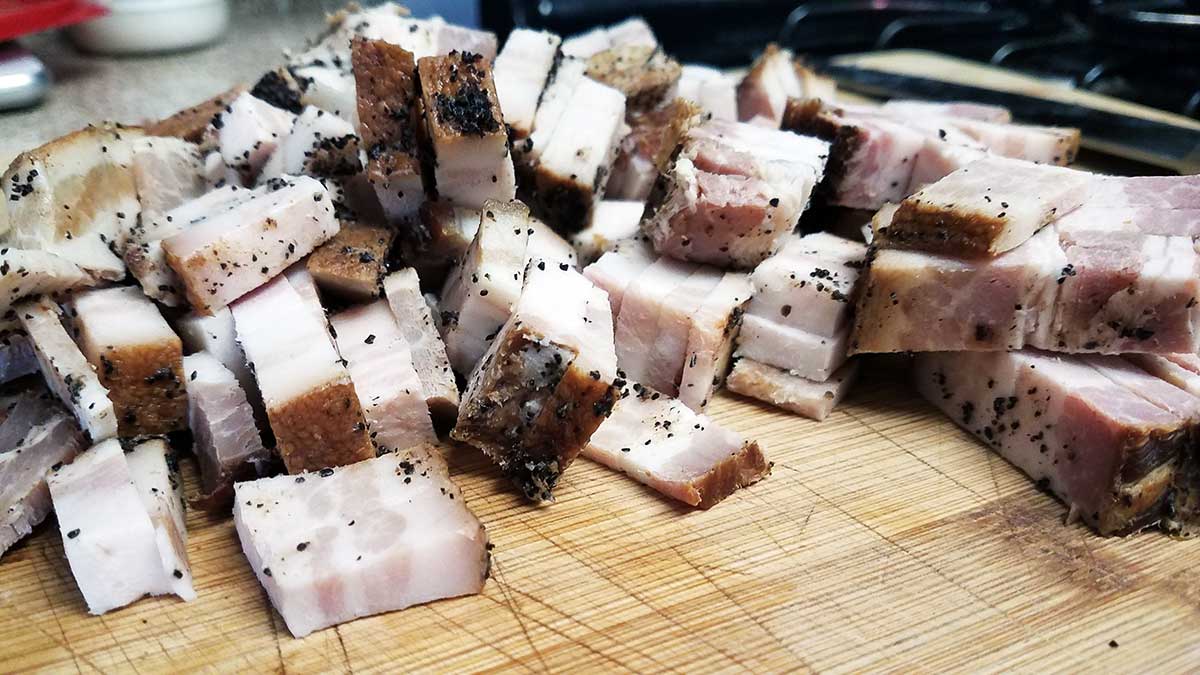 Thick cut bacon cured with coffee and black pepper